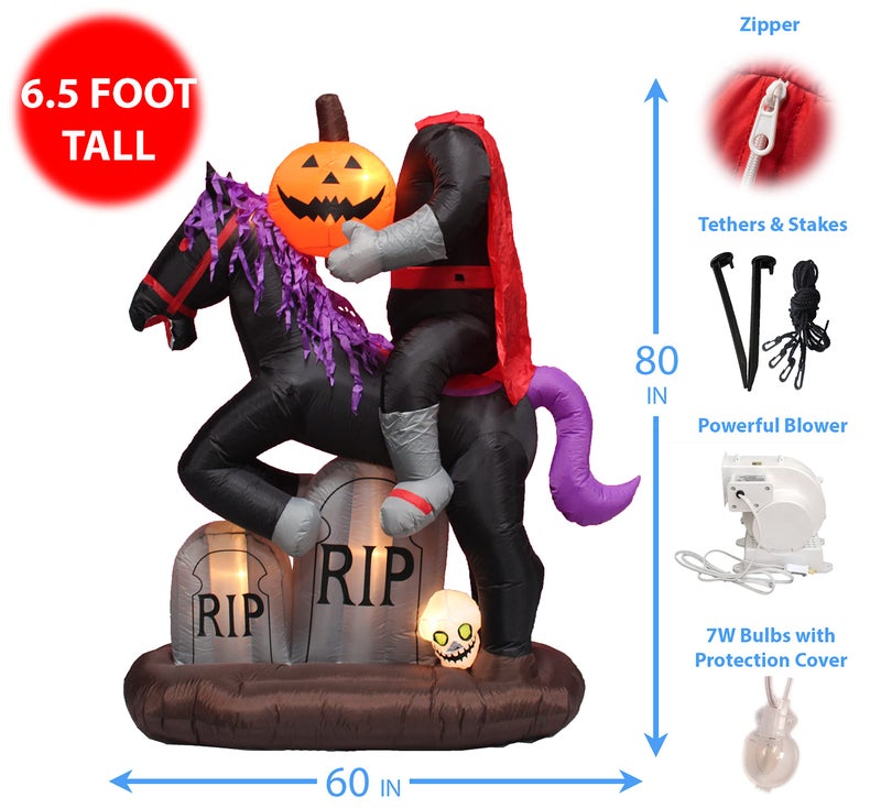 BZB Goods 6.5 FT Tall Lighted Halloween Inflatable Headless Horseman with Horse Tombstones Skull and Pumpkin Lights - Image 2